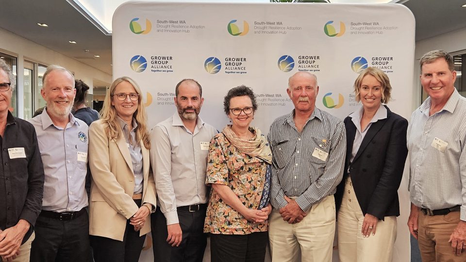 Key leaders at the Drought Resilience Showcase gathered to celebrate collaboration and innovative drought resilience projects: L-R: Mark Sweetingham (Hub Steering Committee member), Graham Smith (GGA Board Director and Hub Steering Committee member), Dr Jo Wisdom (Acting Hub Director), Kieran Macdonell (Drought Hubs Management Director, DAFF), Deb Turner (Drought Hubs Management Assistant Director, DAFF), Dale Park (Drought Hubs Advisory Committee member), Rikki Foss (GGA Chief Executive Officer), Brent Finlay (Drought Hubs Advisory Committee Chair and Future Drought Fund Consultative Committee Chair).